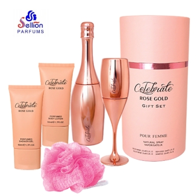 Sellion Celebrate Rose Gold - zestaw upominkowy dla kobiet, woda perfumowana 100 ml, woda perfumowana 30 ml, balsam 50 ml, żel pod prysznic 50 ml