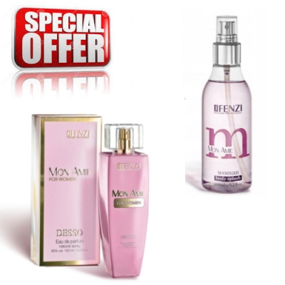 JFenzi Desso Mon Amie Women - zestaw promocyjny dla kobiet, woda perfumowana 100 ml, perfumowana mgiełka do ciała [body splash] 200 ml