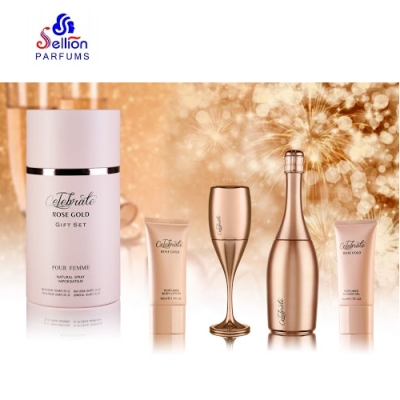 Sellion Celebrate Rose Gold - zestaw upominkowy dla kobiet, woda perfumowana 100 ml, woda perfumowana 30 ml, balsam 50 ml, żel pod prysznic 50 ml